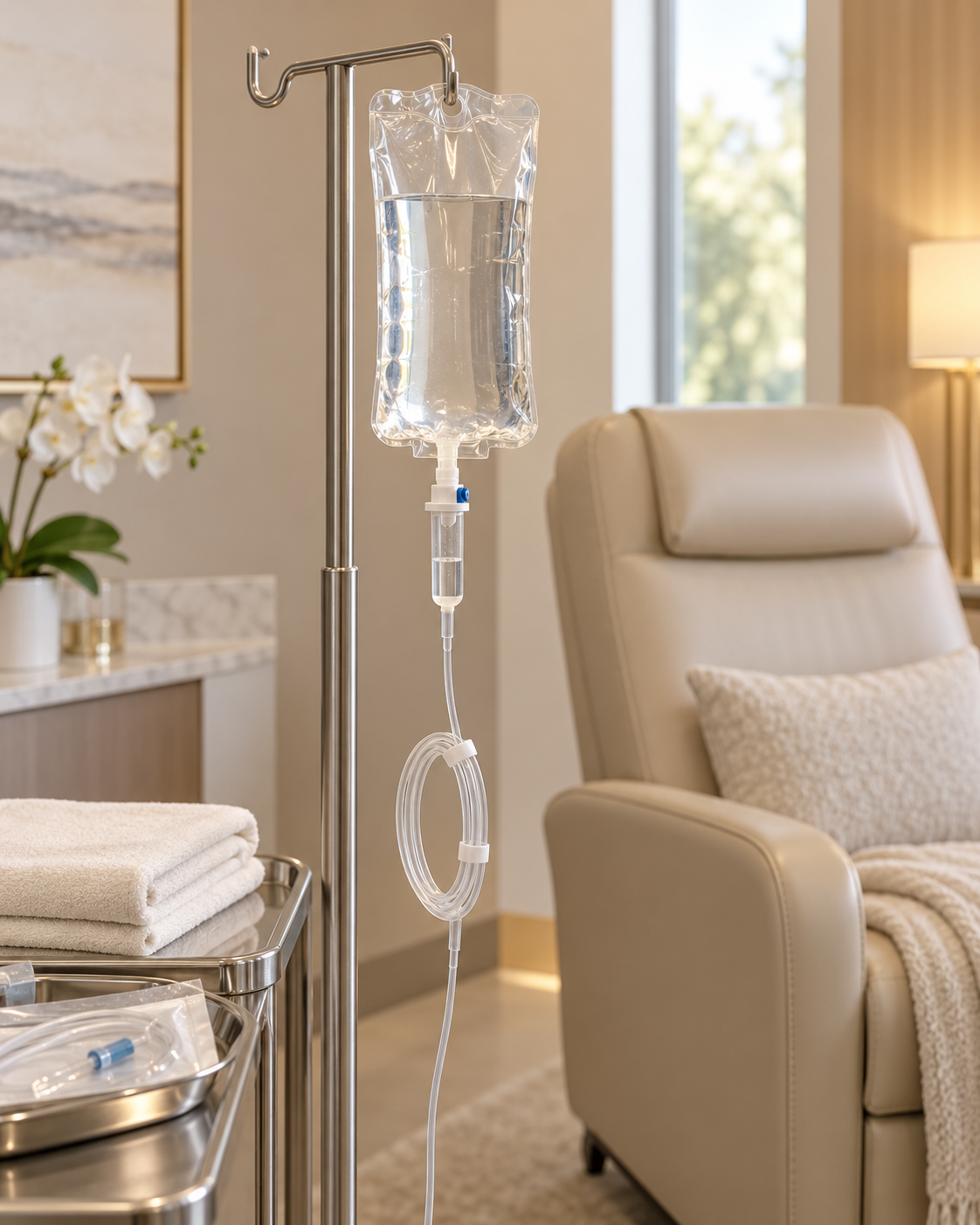 Illustrative IV equipment in a concept wellness setting