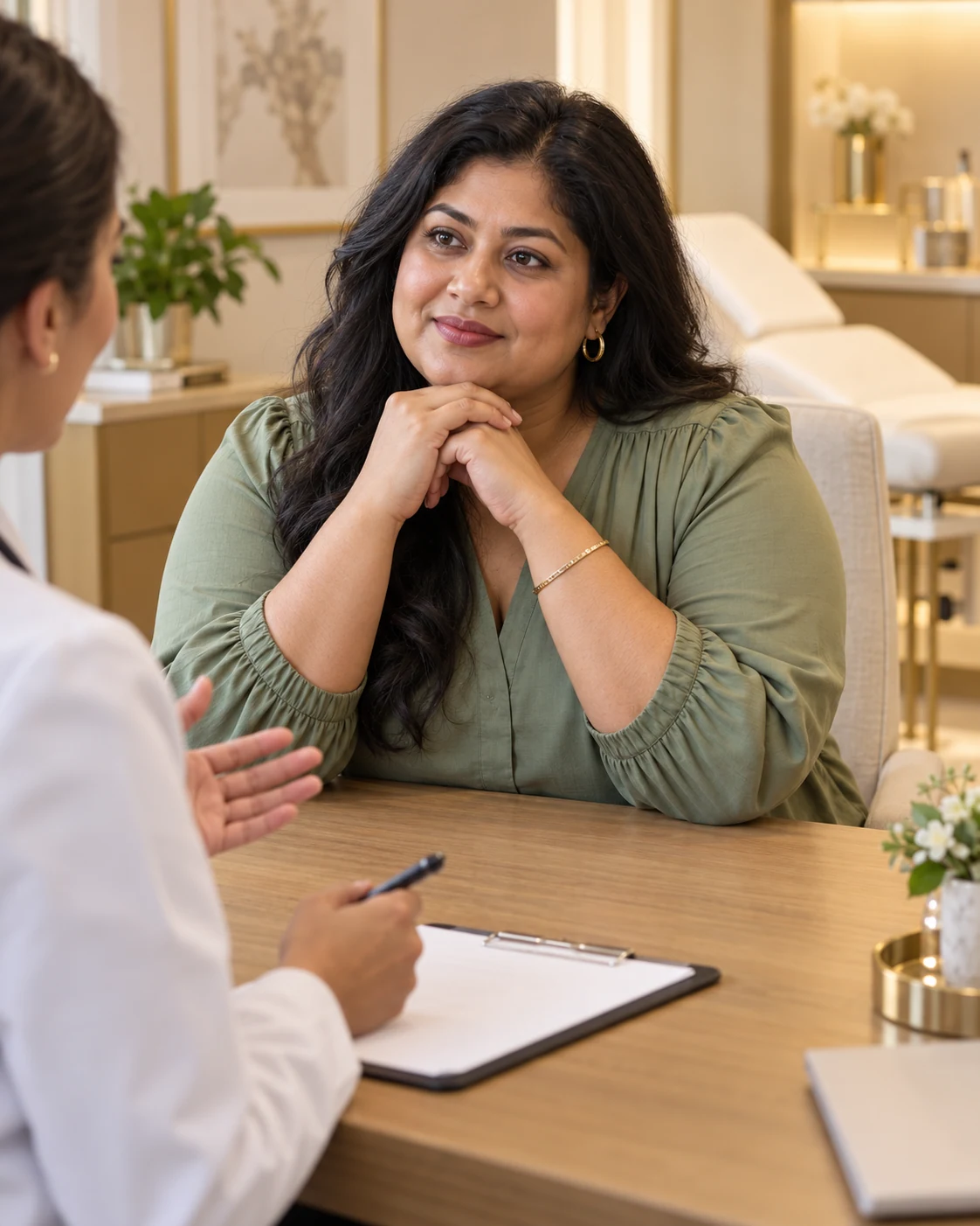 Illustrative model discussing care at a consultation